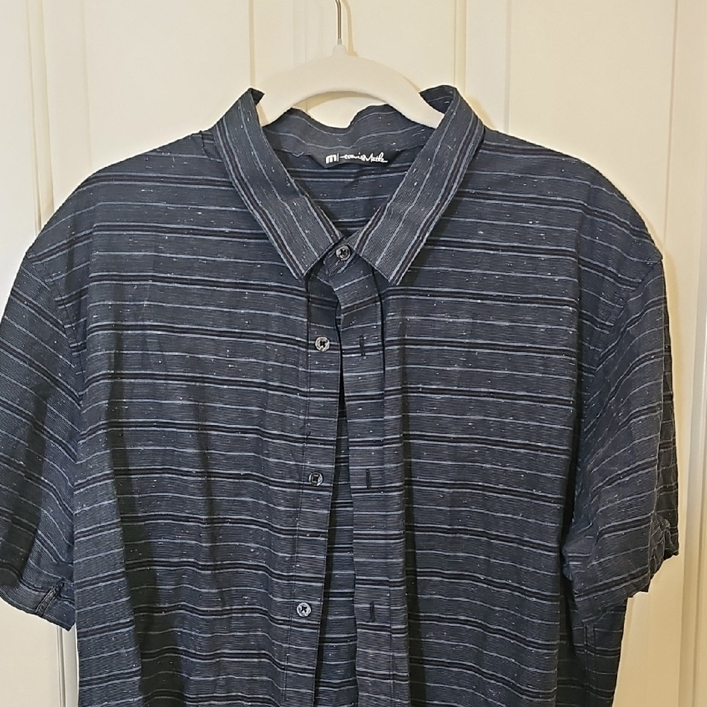 Travis Mathew Men’s Short Sleeve Navy Stripe Button-Up Shirt